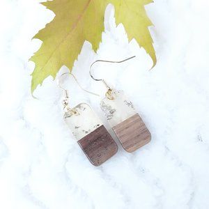 Handmade Walnut & Clear Resin  Hook Earrings Rectangle Hypo-Allergenic Gold Tone